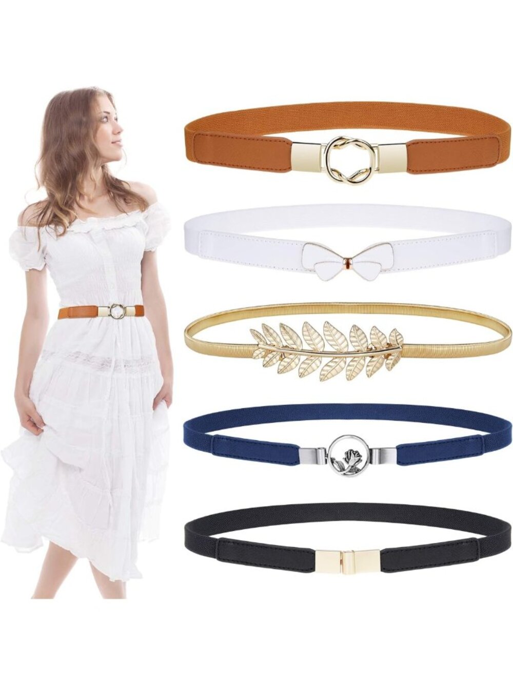 5 Pack Women’s Skinny Stretch Belts - Plus Size Fashion Waist Belts for Dresses